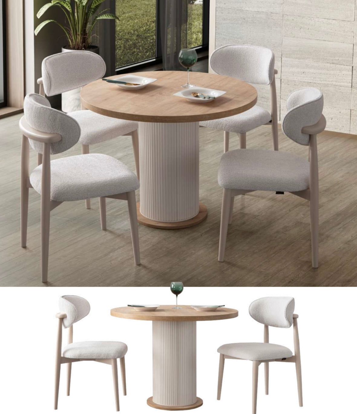 White and Wood Round Dining Table - for 4